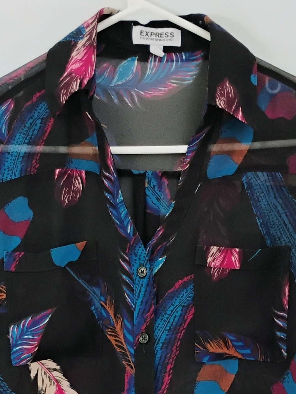 Express Portofino Black Sheer Colorful Feather Button-Down Blouse Looks Great XS - Picture 2 of 8